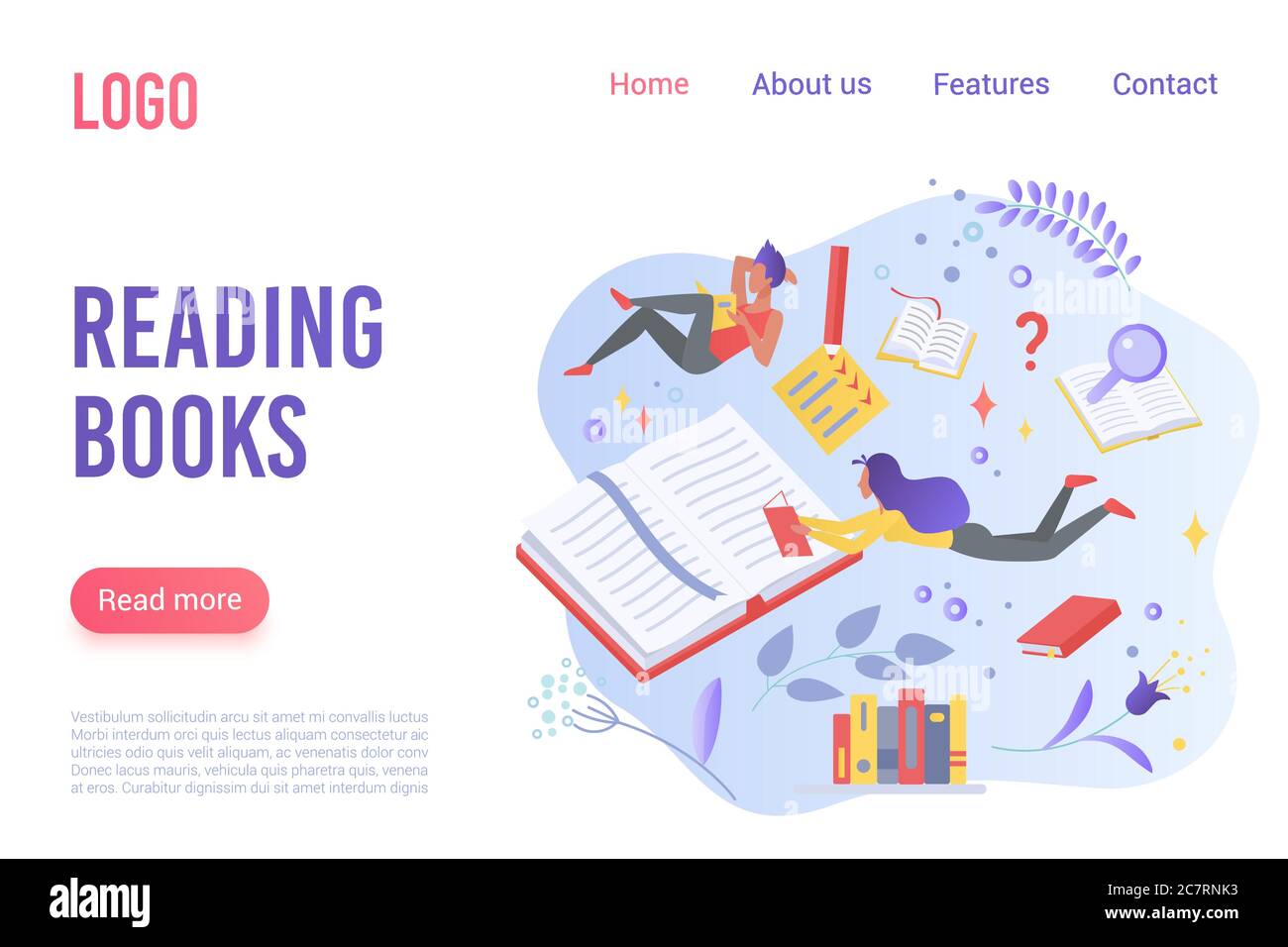 Lettura di libri modello di landing page vettoriale piatto. Lettori di cartoni animati immersi nella metafora del mondo fantasy. Apprendimento, acquisizione di conoscenze idea. Layout di progettazione di pagine di siti Web promozionali per librerie. Illustrazione Vettoriale