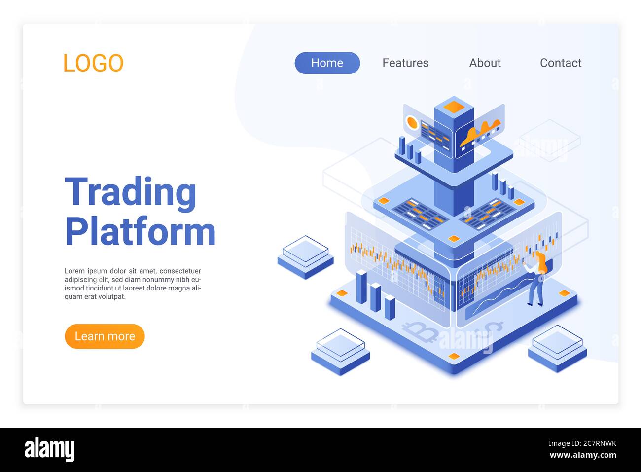 Modello di pagina di destinazione isometrica della piattaforma di trading. Analisi dei mercati finanziari online. Software di borsa digitale. Personaggio cartoon analista criptovaluta. Layout di progettazione delle pagine Web dei servizi di broker. Illustrazione Vettoriale