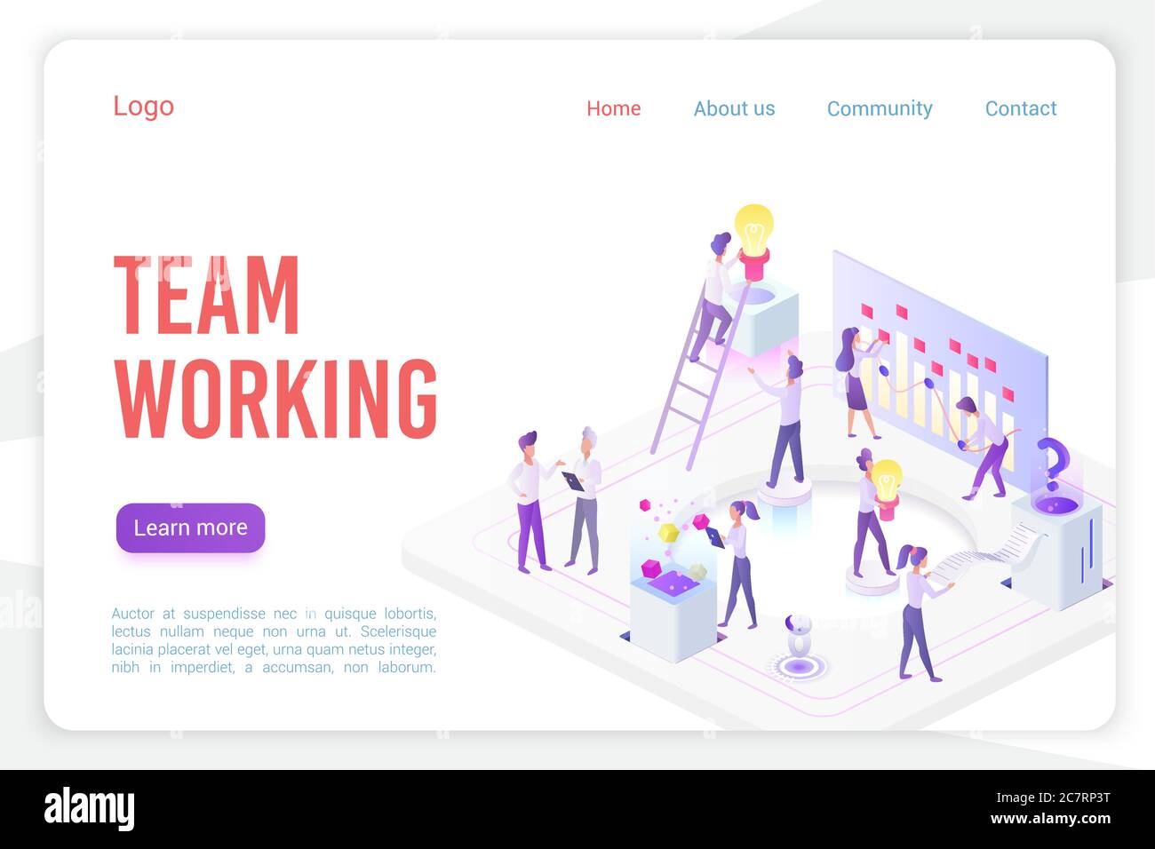 Modello vettore isometrico della pagina di destinazione del team Working. Analisi del mercato azionario e monitoraggio del concetto di banner Web 3d. Lavoro di squadra degli analisti. Innovazione aziendale, layout della home page del sito di analisi Illustrazione Vettoriale