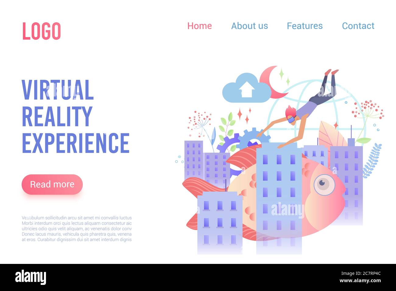 Modello di landing page vettoriale piatto per l'esperienza di realtà virtuale. Tuffati in occhiali VR godendoti il personaggio dei cartoni animati fantasy World. Opzioni di intrattenimento con realtà aumentata promo layout di progettazione di pagine di siti Web. Illustrazione Vettoriale