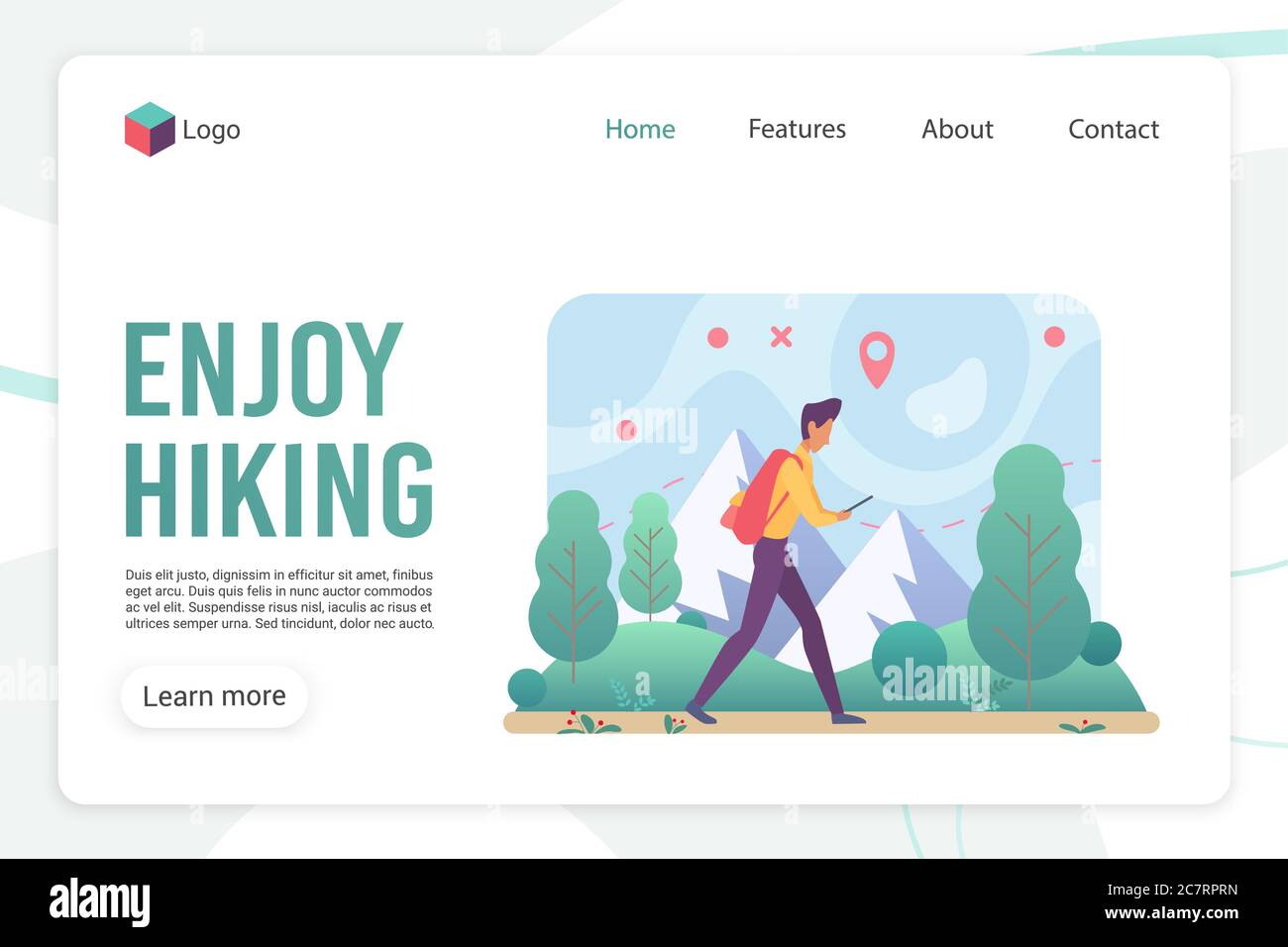 Pagina di destinazione escursioni modello vettore piatto. Layout di progettazione di siti Web di backpacking. Trekking tour e trekking turismo in montagna pagina web cartoon concetto. Interfaccia pagina Web attività all'aperto Illustrazione Vettoriale