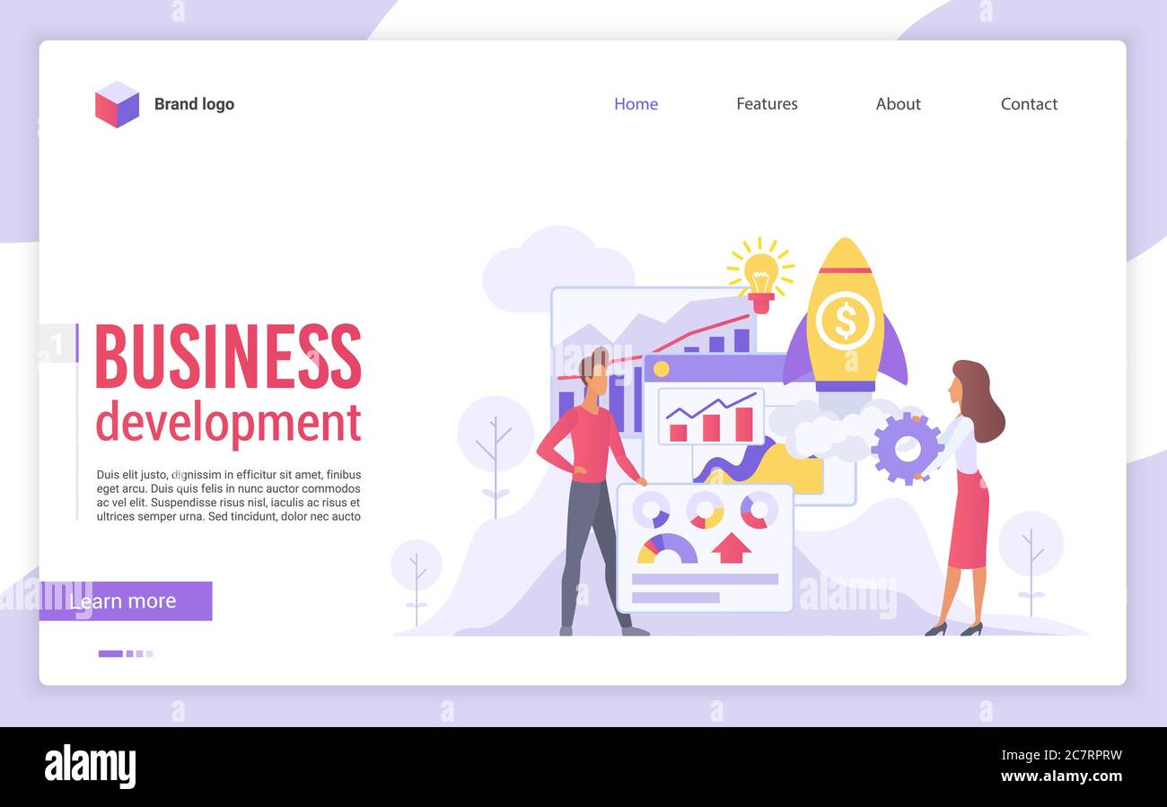 Modello vettore di landing page piatta per lo sviluppo aziendale. Layout di progettazione del sito Web di avvio riuscito. Strategie di profitto crescente concetto di cartoon di pagina web. Interfaccia pagina Web ottimizzazione flusso di lavoro Illustrazione Vettoriale