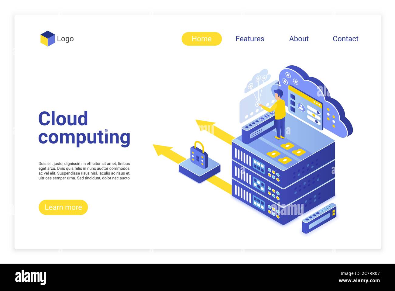 Modello di landing page vettoriale isometrico per il cloud computing. Hardware per computer, server Internet, home page del sito web hosting layout 3d. Data center, progettazione banner Web per lo storage di informazioni sincronizzato Illustrazione Vettoriale