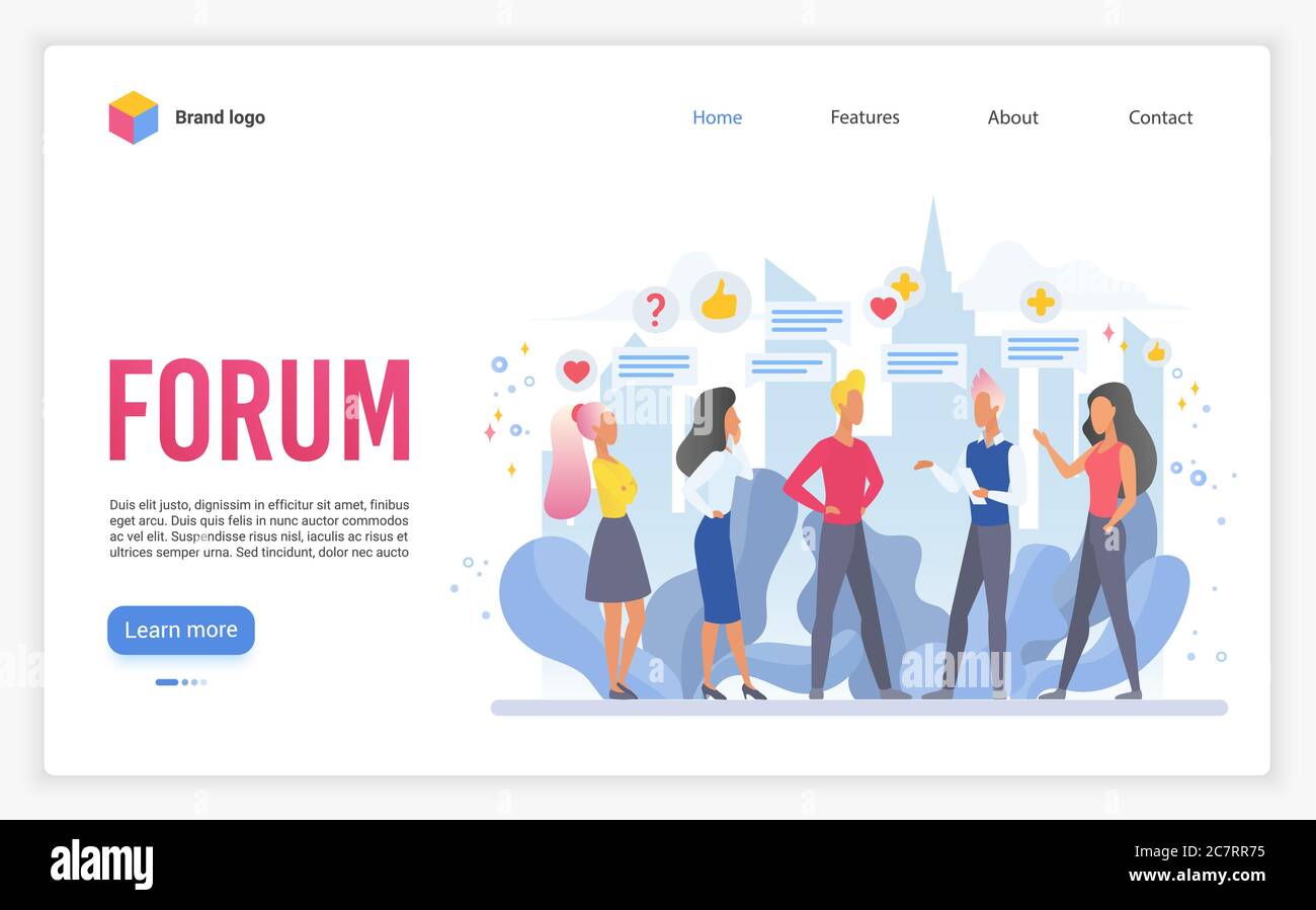 Modello vettoriale piatto della pagina di destinazione del forum. Layout di progettazione del sito Web del servizio di chat online. Illustrazione del concetto di cartone animato della pagina web della comunicazione su Internet. Interfaccia della pagina Web della piattaforma di discussione di gruppo online Illustrazione Vettoriale