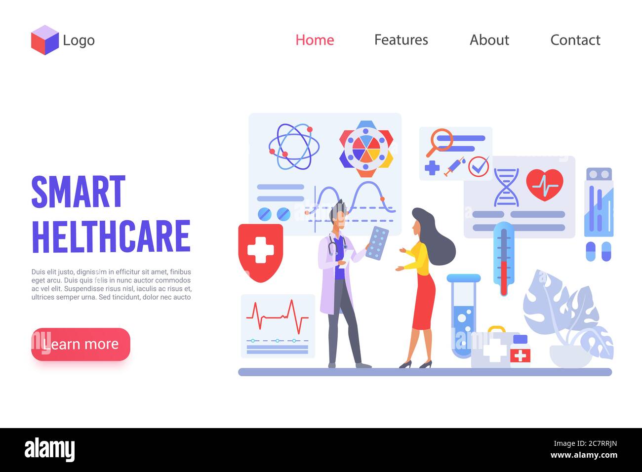 Modello di pagina di destinazione vettore per l'assistenza sanitaria intelligente. Design del sito Web di diagnostica Innovation ody. Concetto di pagina web dei metodi di trattamento moderni. Clinica medica, interfaccia pagina web istituto di ricerca Illustrazione Vettoriale