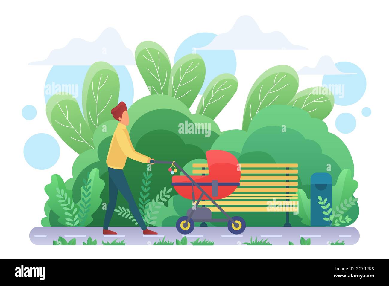 Padre singolo con illustrazione vettoriale piatta pram. Giovane adulto, genitore con carrello del bambino, carattere del cartone animato del babysitter maschio. Attività di paternità, babysitting, assistenza bambini. Passeggiata all'aperto nel parco Illustrazione Vettoriale