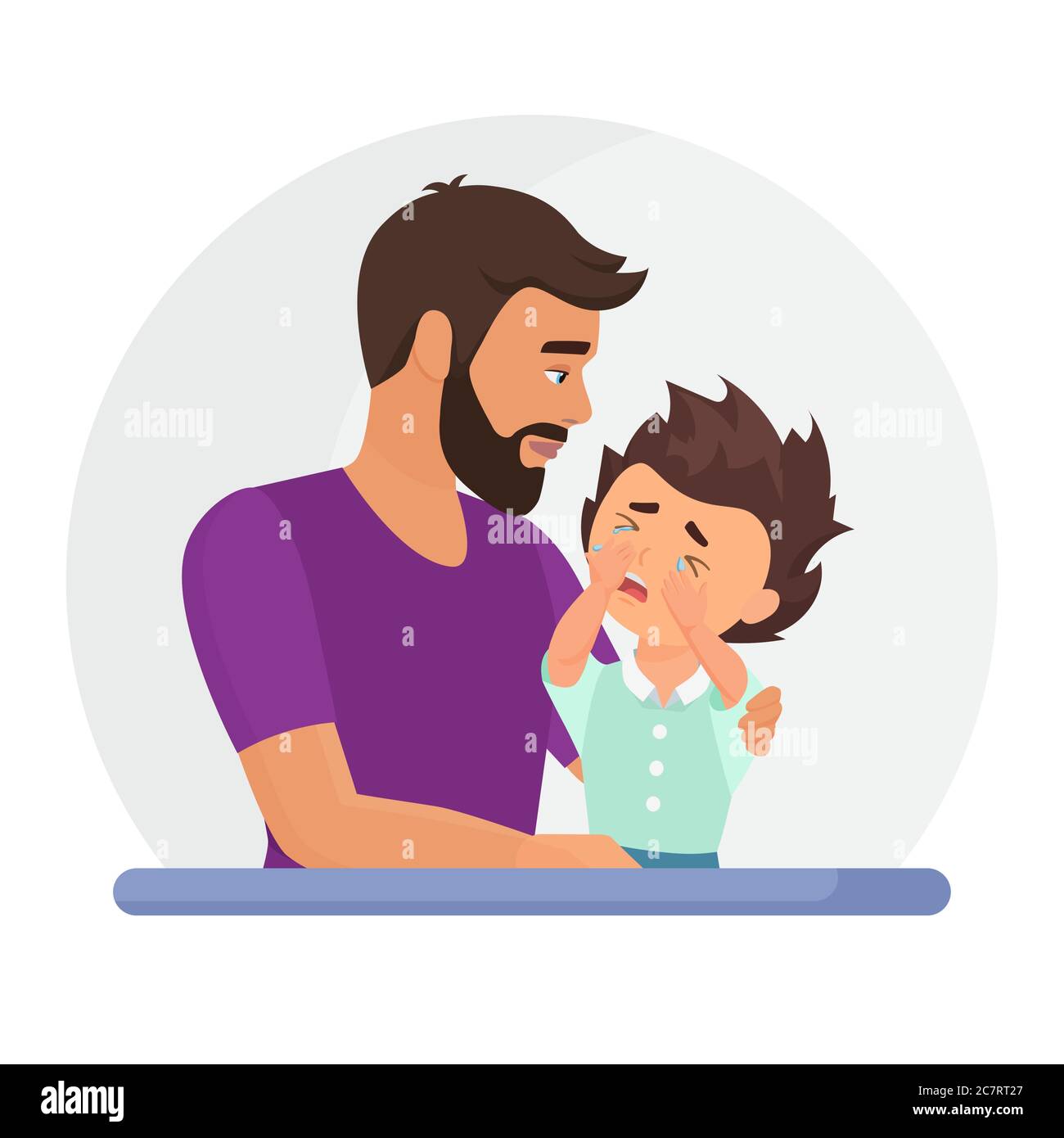 Padre che sostiene il figlio triste piatto illustrazione vettoriale. Disturbi mentali, concetto di psicoterapia. Papà consolazione tristi personaggi di cartoni animati ragazzo. Uomo conforto elemento di design capretto sconvolto Illustrazione Vettoriale