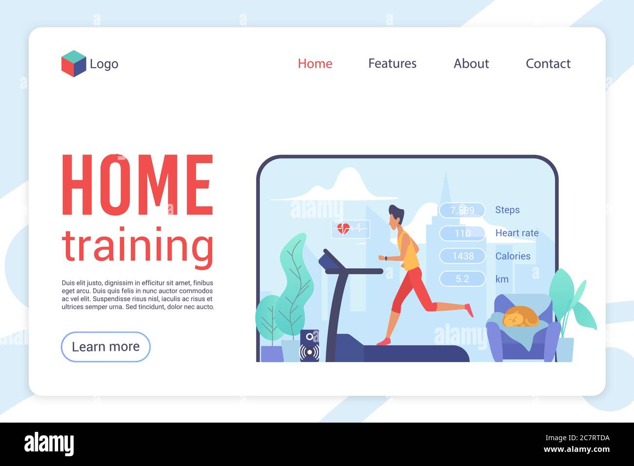 Modello vettore pagina di destinazione piatta formazione a casa. Fitness e salute tracking sito web design layout. Esercizi fisici. Concetto di allenamento e cardio training cartoon. Interfaccia pagina Web di stile di vita sano Illustrazione Vettoriale