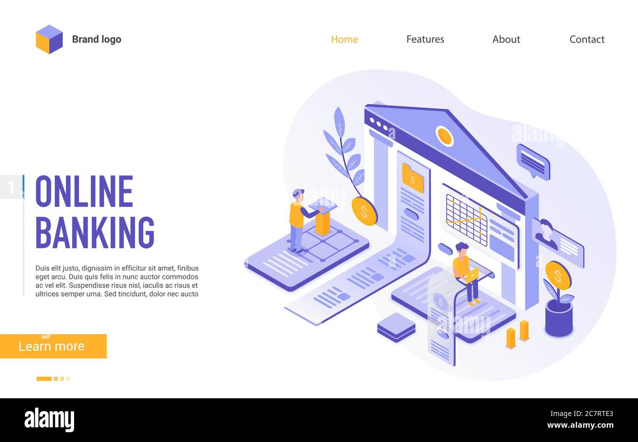 Modello vettore della landing page online banking. Sistema di gestione del denaro Internet homepage sito web interfaccia layout con illustrazione isometrica. Servizio e banking, banner web fintech concetto 3D Illustrazione Vettoriale