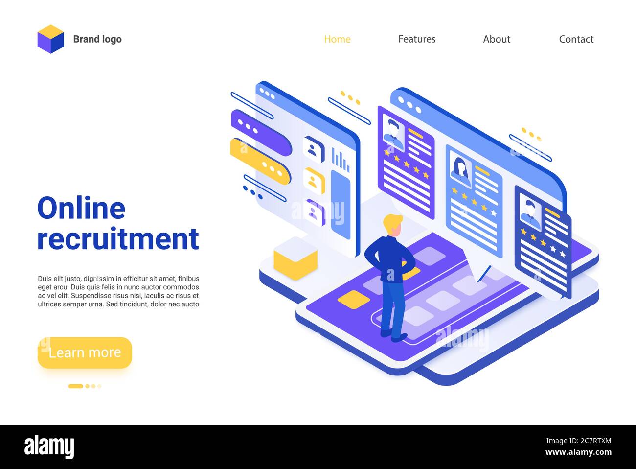 Modello vettore pagina di destinazione reclutamento online. Sito web dell'agenzia di lavoro - layout dell'interfaccia con illustrazione isometrica. Piattaforma di ricerca lavoro su Internet, concetto 3D banner Web software HR Illustrazione Vettoriale