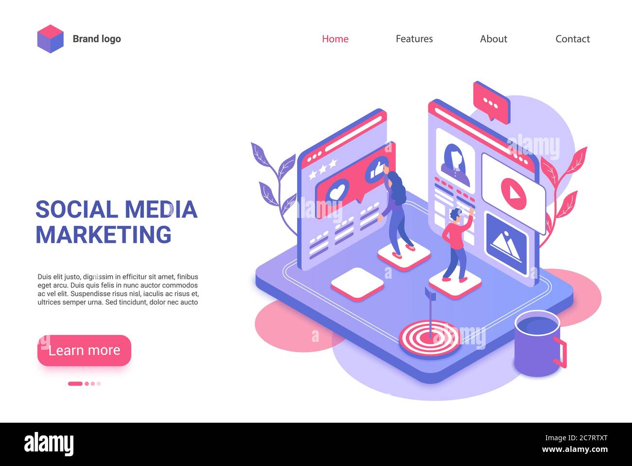 Modello vettore della landing page di marketing sui social media. Sito web di pubblicità virale internet layout UI con illustrazione isometrica. Campagna di attrazione del pubblico di destinazione banner web concetto 3D Illustrazione Vettoriale