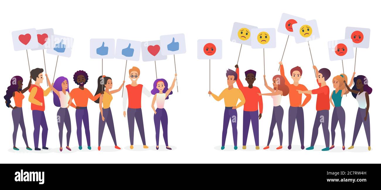 Persone che tengono poster emoji piatto illustrazione vettoriale. Soddisfazione sociale e concetto di stratificazione. Gruppi di comunità che protestano ed esprimono sentimenti cartoni animati isolati su bianco Illustrazione Vettoriale