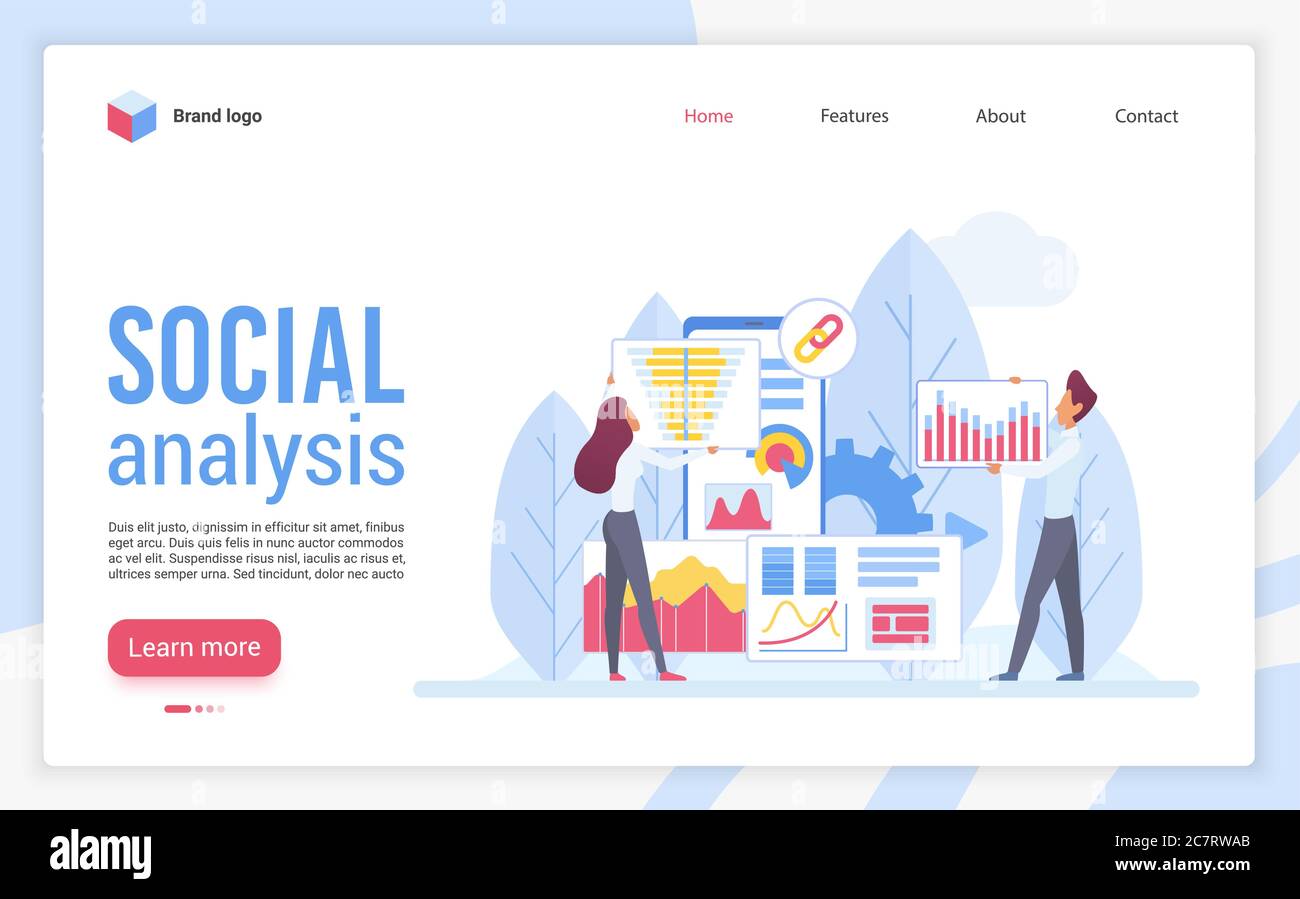 Modello vettoriale piatto della pagina di destinazione dell'analisi sociale. Layout di progettazione di siti Web di analisi. Indagine sociologica, pagina web statistiche di ricerca concetto di cartone animato. Interfaccia pagina Web di visualizzazione dati Illustrazione Vettoriale