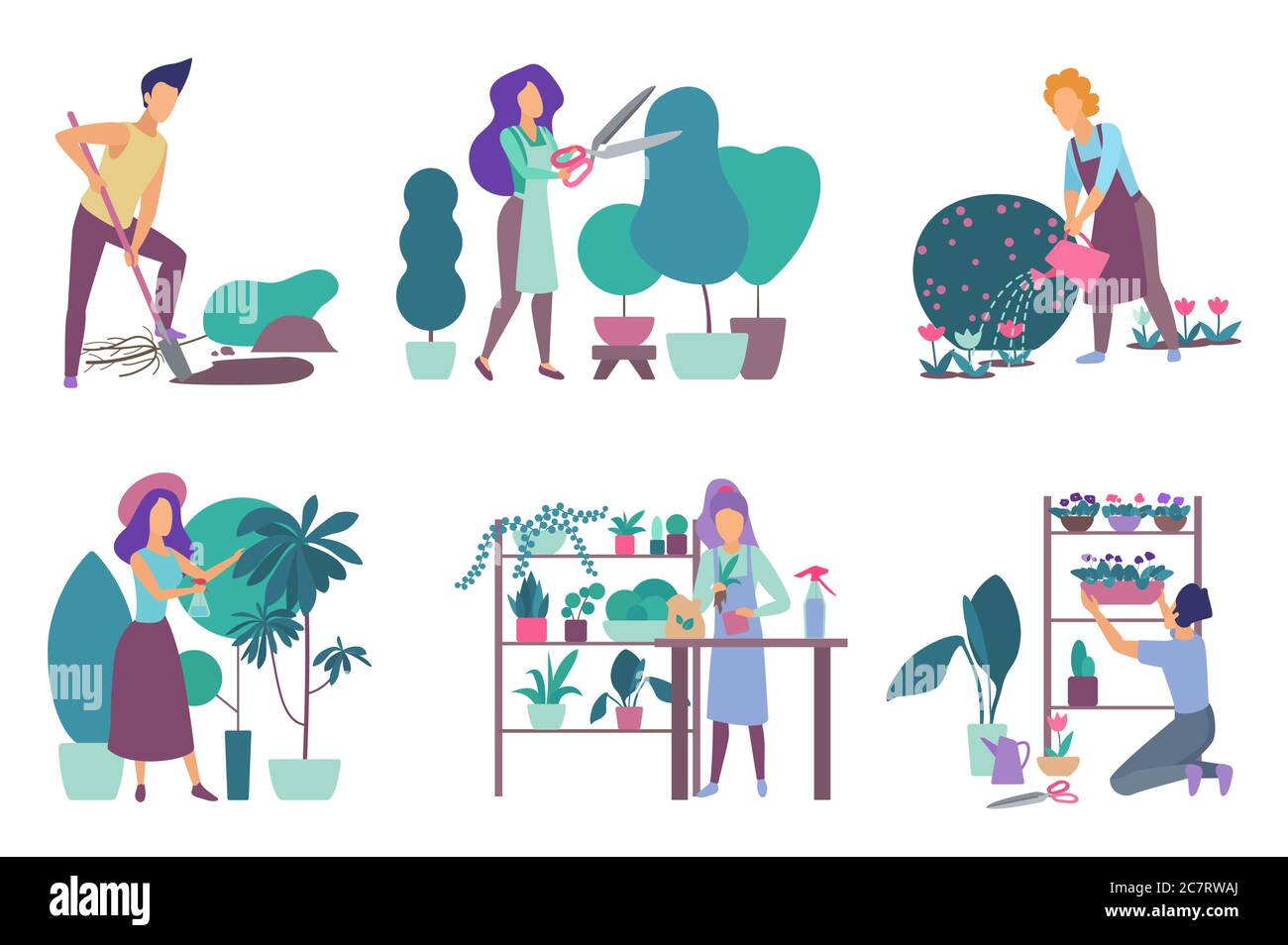 Set di illustrazioni vettoriali piatte per giardinaggio. Flower vivaio e floristry hobby isolato pacchetto su sfondo bianco. Cura di piante domestiche in vaso. Caratteri maschili e femminili innaffiando piante, rifilando alberi Illustrazione Vettoriale