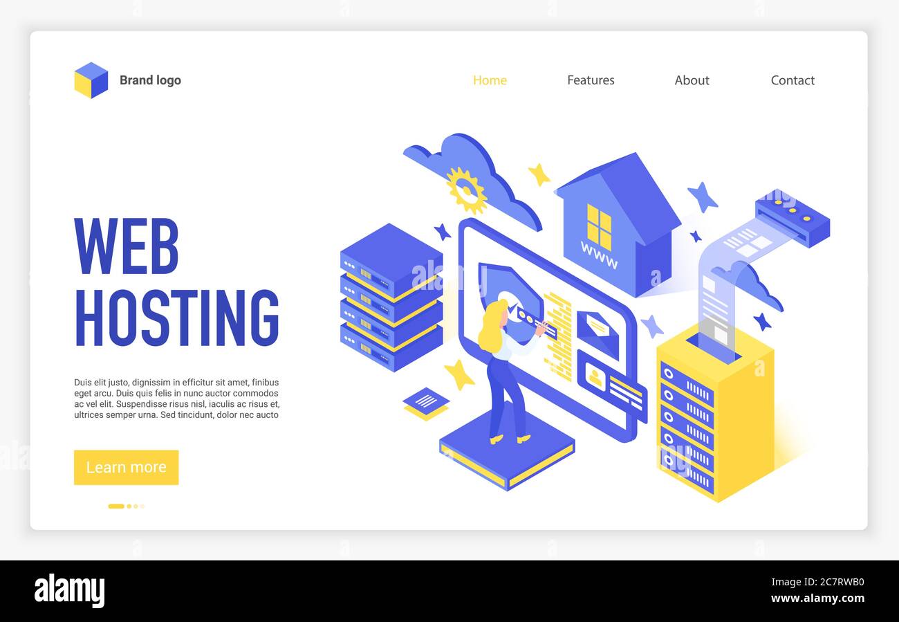 Modello vettore della pagina di destinazione per l'hosting Web. Sito web supporto service homepage layout interfaccia con illustrazione isometrica. Business Internet. Informazioni 3D sulla pagina web di accesso remoto del database online Illustrazione Vettoriale