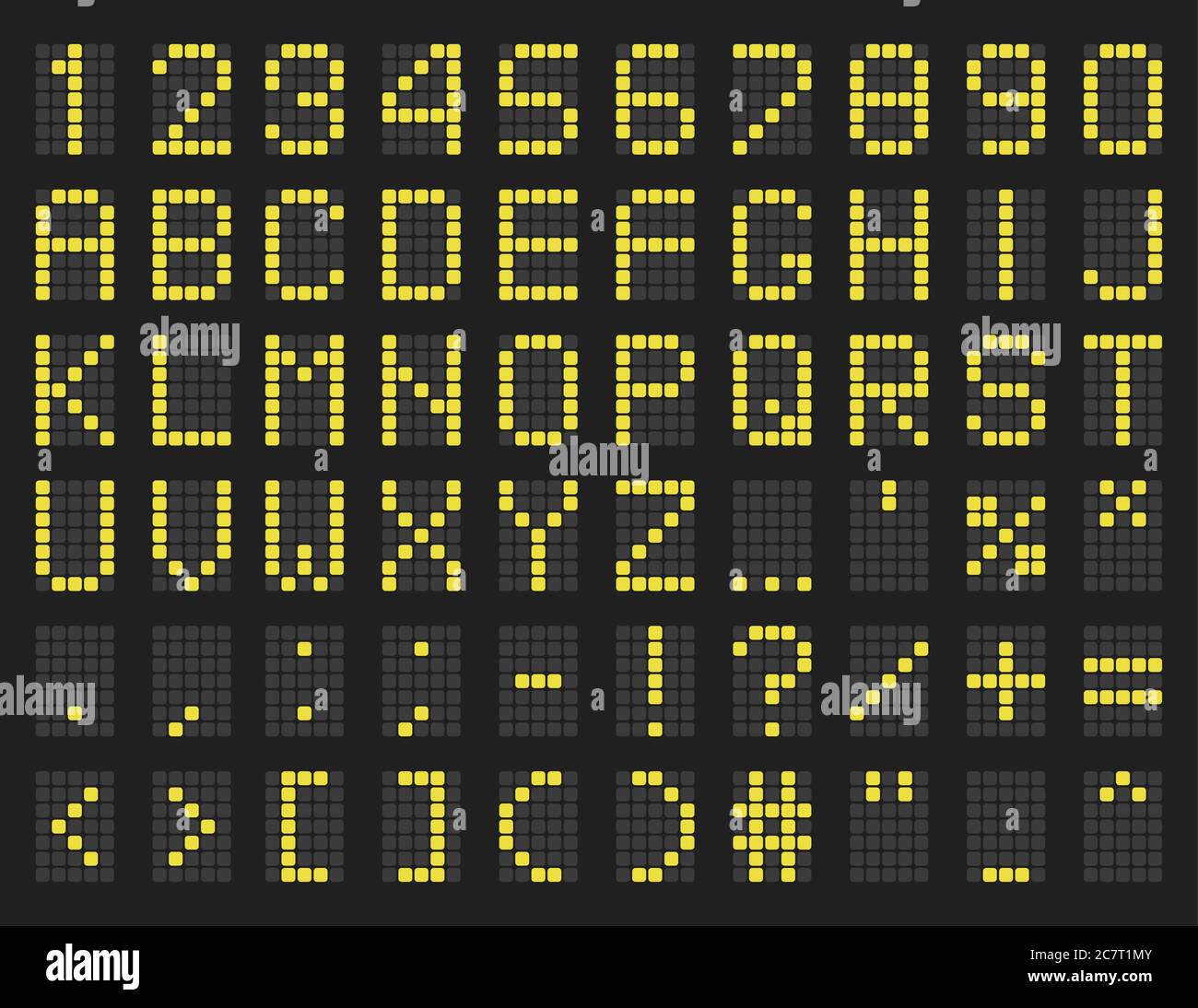 Modello alfabeto verde orario. Il LED visualizza lettere maiuscole, numeri e simboli. Font vettoriale digitale. Stile orario aeroporto. Typeset del tabellone digitale. Set di figure della scheda elettronica Illustrazione Vettoriale
