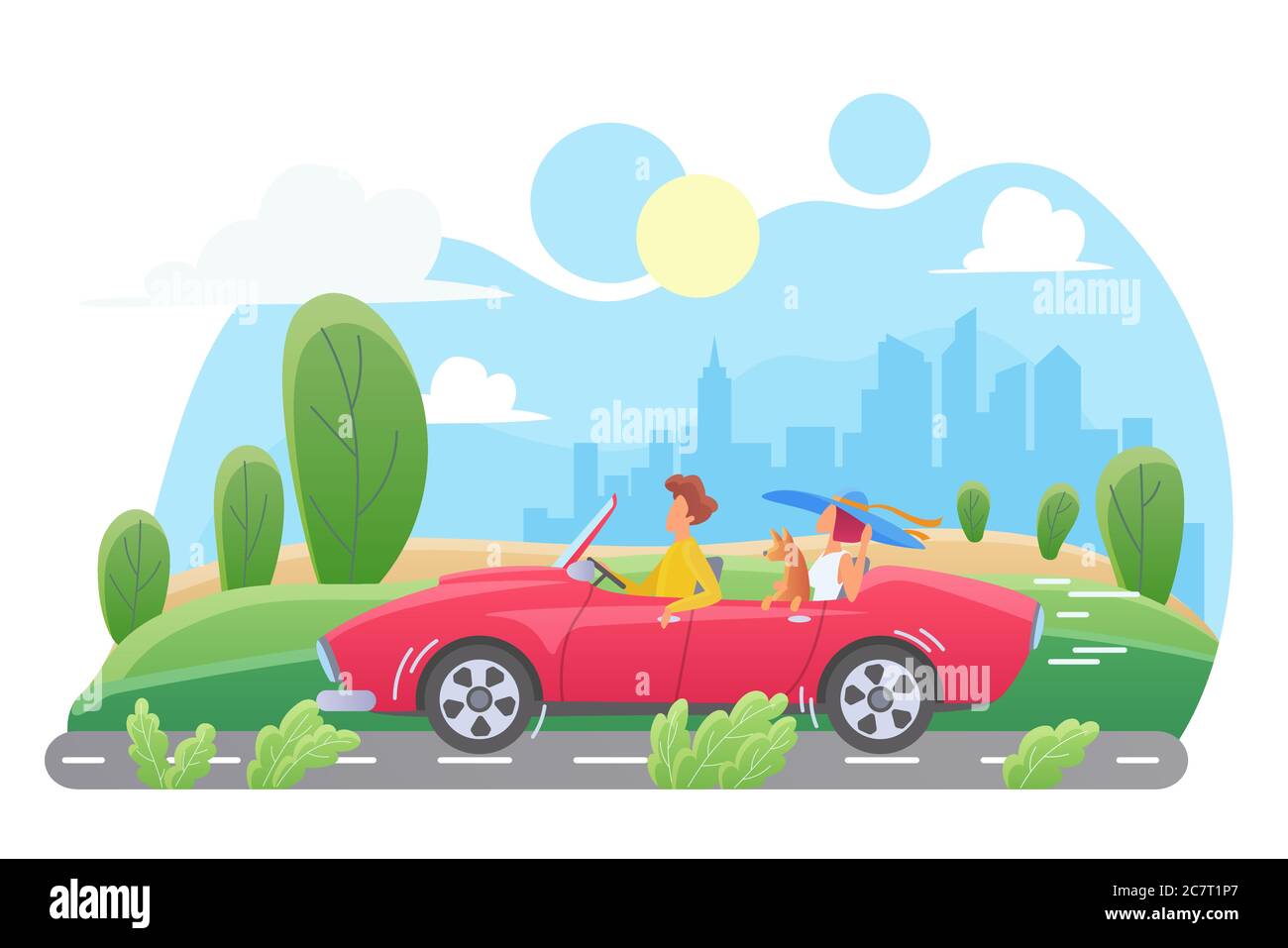 Illustrazione vettoriale piatta per viaggi in auto. Coppia con il cane in caratteri cabriolet cartoon. Uomo e donna che viaggiano con animale domestico. Viaggio in famiglia durante il fine settimana. Paesaggio urbano, grattacieli. Vacanza estiva, viaggio Illustrazione Vettoriale
