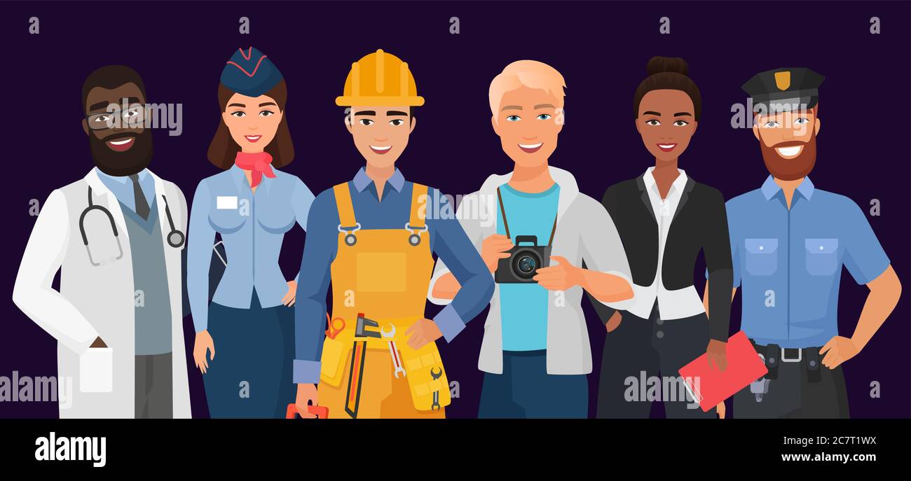 Collezione di uomini e donne lavoratori di varie professioni o di professione che indossano un set di uniformi professionali. Dottore, amministratore, costruttore, fotografo, donna d'affari, poliziotto Illustrazione Vettoriale