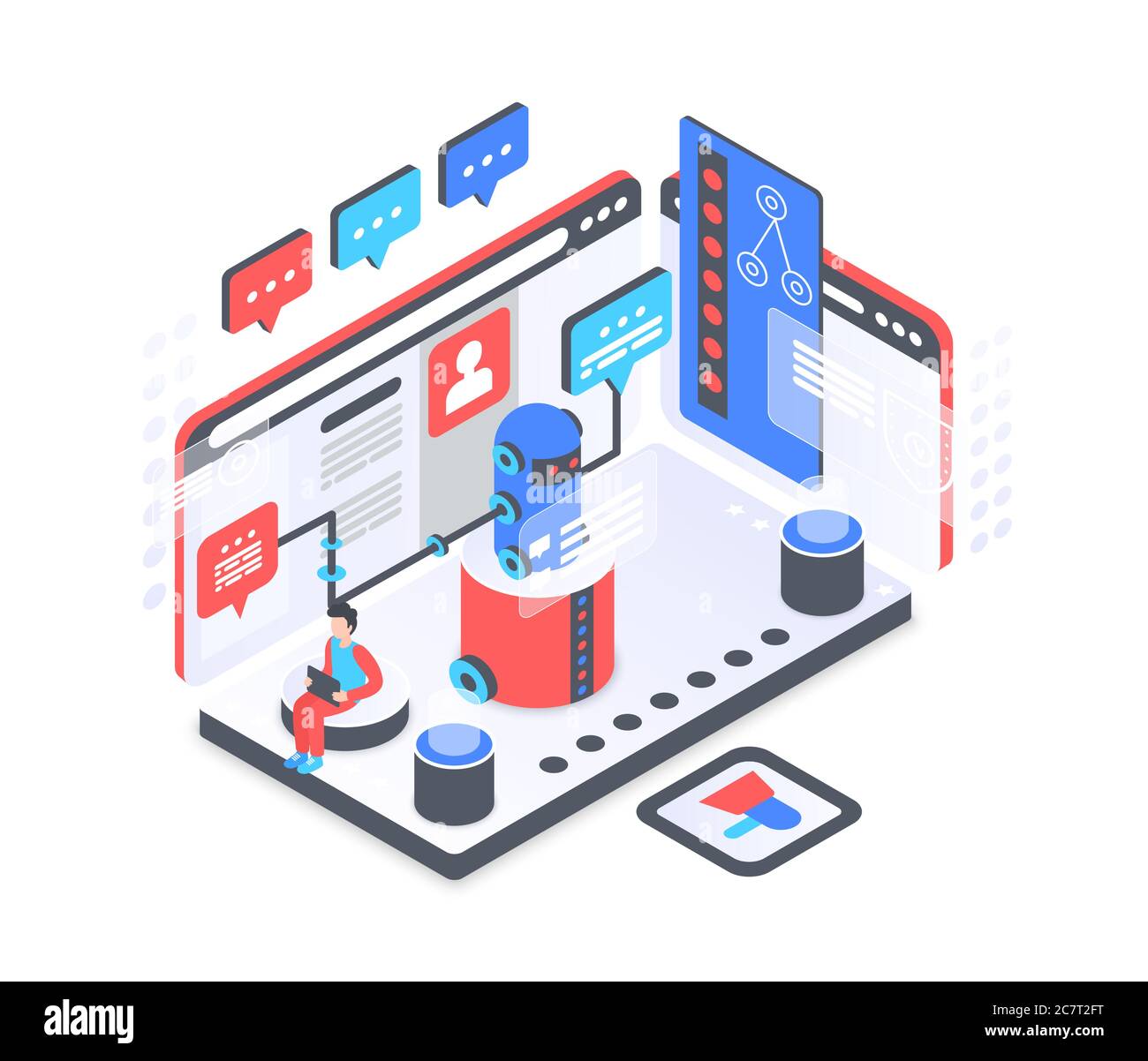 Illustrazione vettoriale isometrica del servizio bot di chat. Supporto virtuale. Assistenza e consultazione ai. Servizio clienti, chiacchiere. Macchina digitale per il dialogo. Elemento di progettazione concettuale di chatbot cartoon Illustrazione Vettoriale
