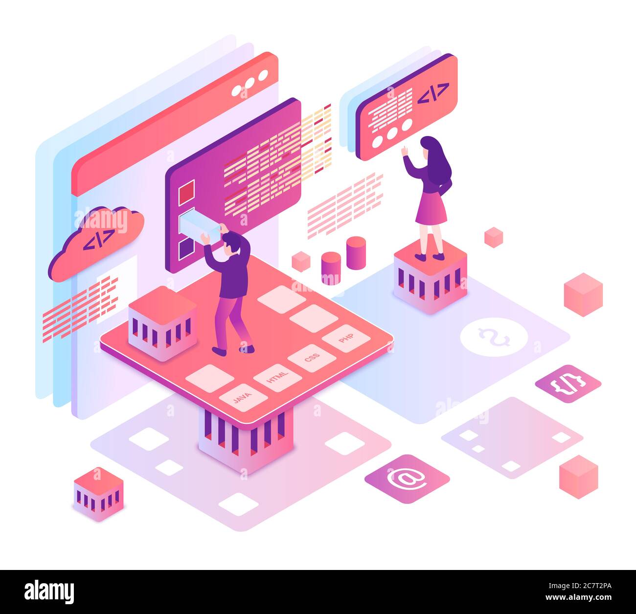 Illustrazione vettoriale isometrica della programmazione del computer. Team di sviluppo software. Informatica. Piattaforma online per la formazione sulla codifica. Gestione dei processi. SEO cartoon elemento di progettazione concettuale Illustrazione Vettoriale