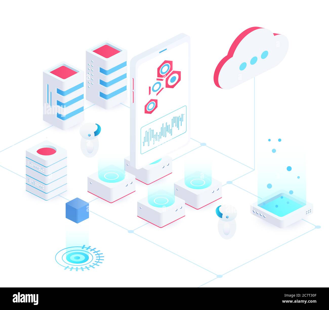 Illustrazione vettoriale isometrica del servizio cloud. Connessione e comunicazione. Tecnologia innovativa per la memorizzazione delle informazioni. Accesso wireless alla piattaforma digitale. Elemento di progettazione concettuale cartoon del data center Illustrazione Vettoriale