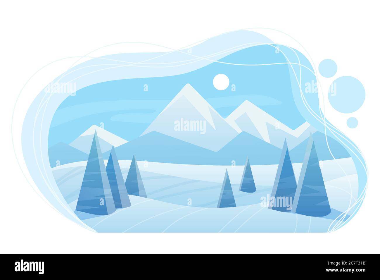Montagne innevate e foresta piatta illustrazione vettoriale. Paesaggio invernale blu in nuvola. Spruces in boschetto. Vista panoramica sulla natura in una giornata fredda e soleggiata. Sfondo stagionale. Scena esterna invernale con neve Illustrazione Vettoriale