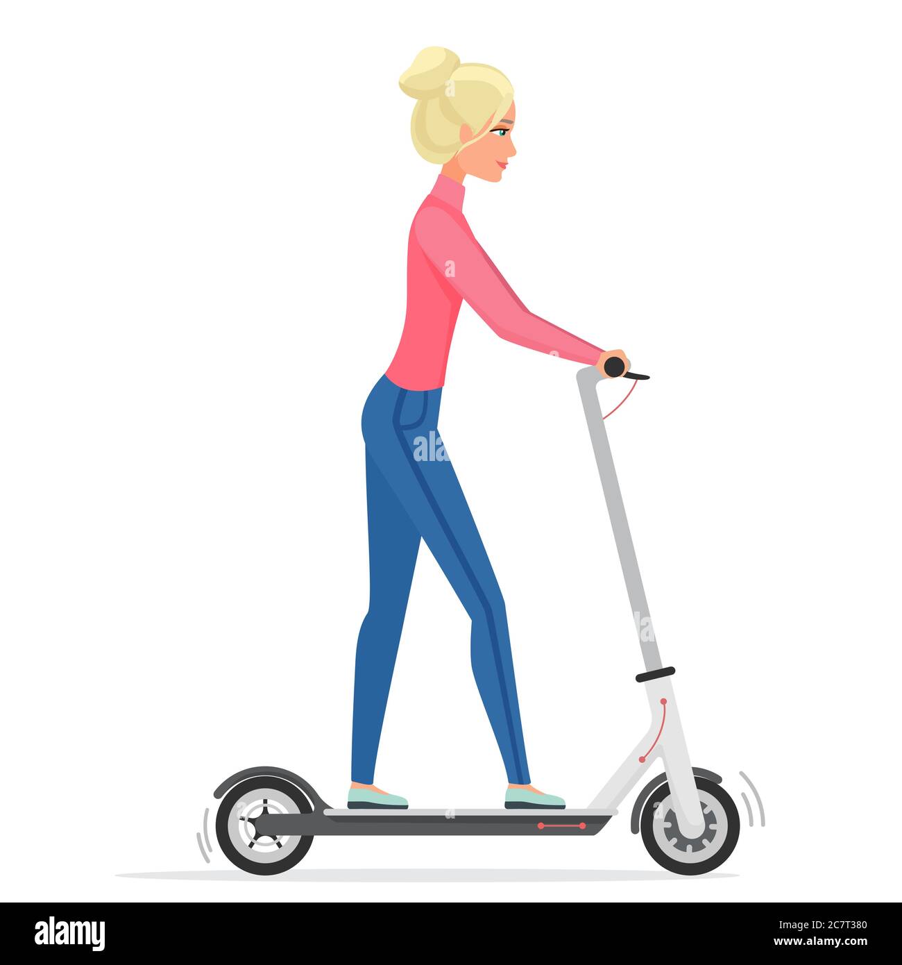 Donna su scooter elettrico piatto illustrazione vettoriale. Personaggio femminile di cartone animato che guida eco friendly veicolo città. Bionda ragazza che usa il trasporto urbano personale. Persona su e-scooter isolato su bianco Illustrazione Vettoriale