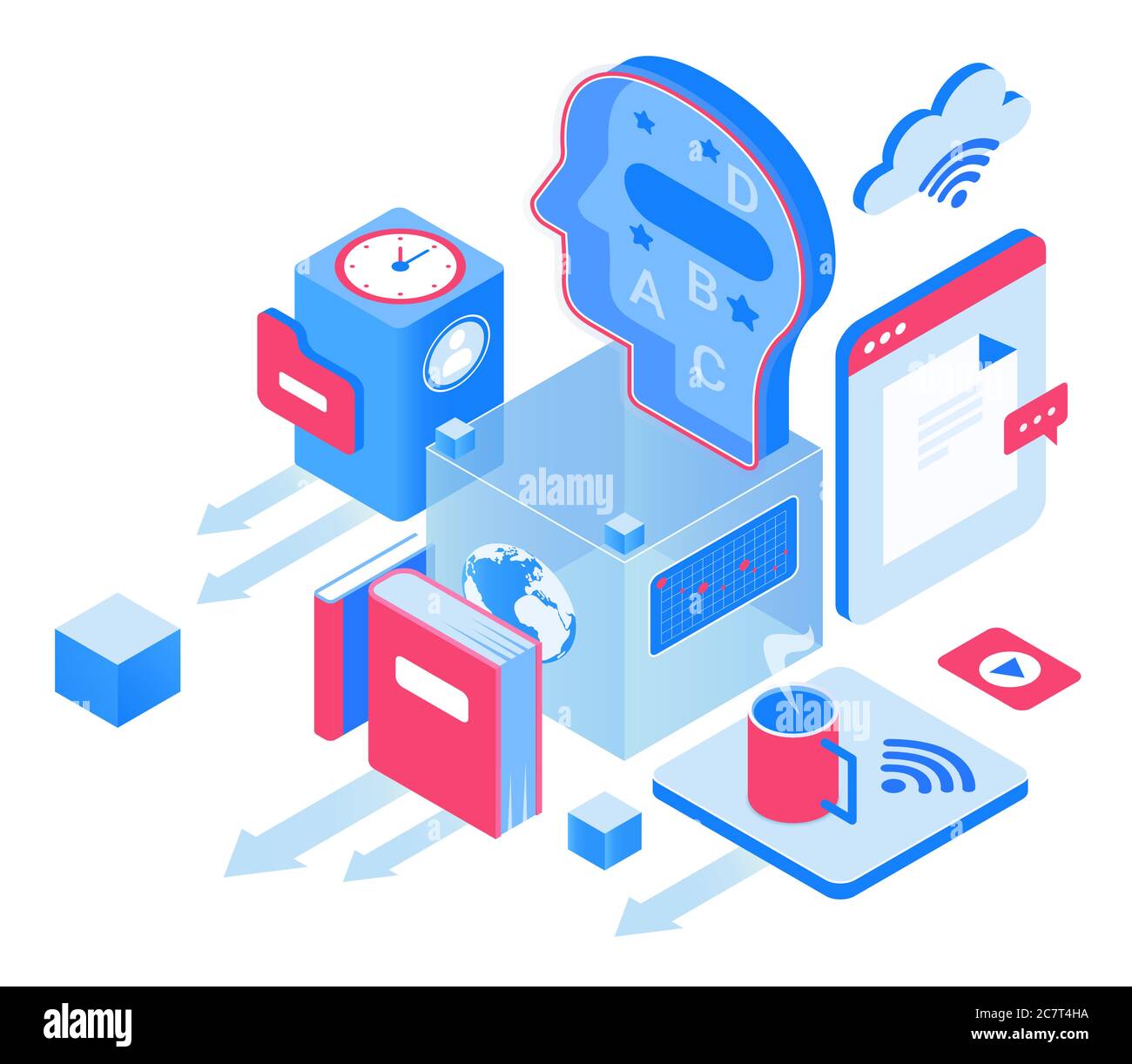 Istruzione e conoscenza illustrazione vettoriale isometrica. Webinar e corsi. Accesso digitale alle informazioni. Intelligenza artificiale. Elemento di progettazione concettuale della piattaforma accademica online Illustrazione Vettoriale