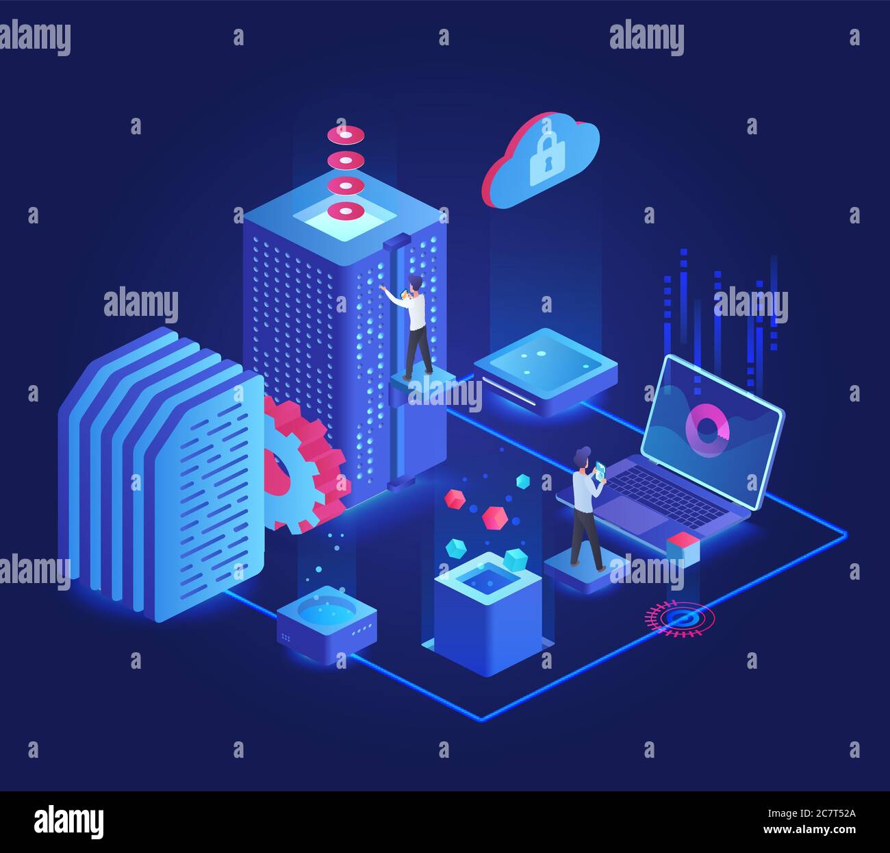 Illustrazione vettoriale isometrica al neon scuro del database. Team di manutenzione dei server online. Gruppo di amministrazione del servizio. Tecnologia futuristica del cyberspazio. Elemento di progettazione concettuale del cartone animato del data center cloud Illustrazione Vettoriale