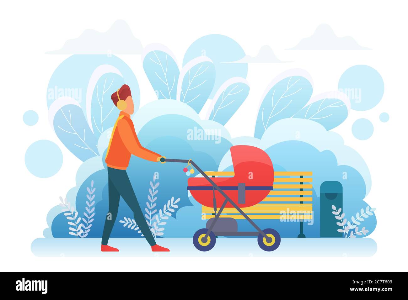 Padre singolo con illustrazione vettoriale piatta pram. Giovane adulto, genitore con carrello del bambino, carattere maschio del babysitter. Attività di paternità, babysitting, assistenza bambini. Passeggiate all'aperto nel parco invernale Illustrazione Vettoriale