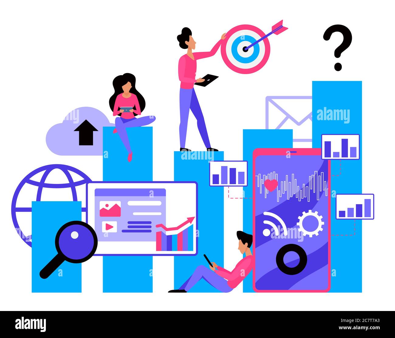 Illustrazione vettoriale piatta SMM. Servizio di marketing sui social media. Pianificazione strategica. Società di e-marketing. Campagna promozionale. Visualizzazione del processo pubblicitario. Dipendenti dell'agenzia cartoni animati Illustrazione Vettoriale
