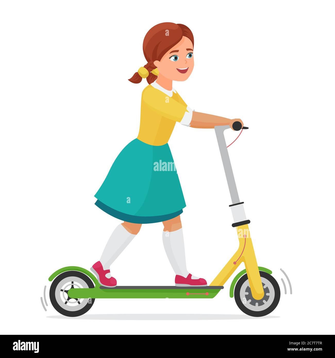 Bambina carina su scooter elettrico piatto vettore illustrazione. Ragazza personaggio di equitazione eco friendly veicolo città. Bambina che usa il trasporto urbano personale isolato. Infanzia attiva. Illustrazione Vettoriale