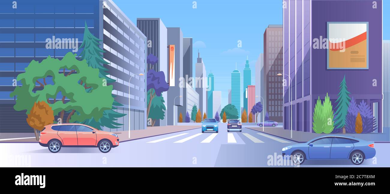 Illustrazione vettoriale di City Street Downtown. Cartoon 3d urbano paesaggio urbano con traffico auto su strada, lussuosi edifici grattacieli moderni con negozio e cartellone, passerella vuota, stile di vita della città sfondo Illustrazione Vettoriale