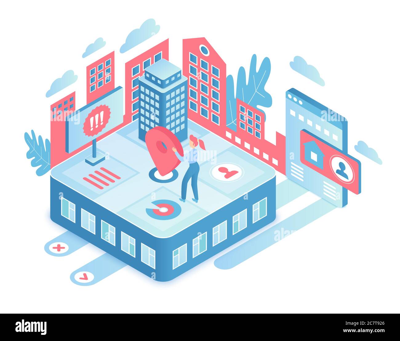 Illustrazione vettoriale isometrica immobiliare. Acquisto di edifici e investimenti in proprietà. Scegliere nuovo appartamento urbano. Ricerca casa. Affari. Elemento di progettazione concettuale dei cartoni animati per i servizi online Illustrazione Vettoriale