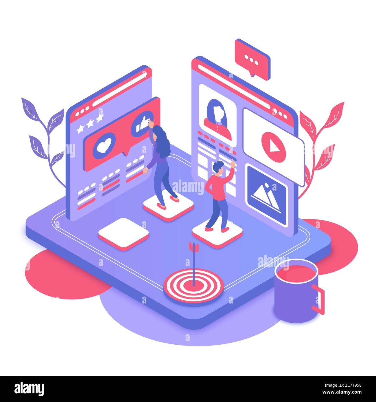 Illustrazione vettoriale isometrica del marketing dei social media. Piattaforma digitale online per blogger maschili e femminili. Pubblicità in internet con agenzia professionale. Elemento di progettazione concettuale di SMM Cartoon Illustrazione Vettoriale