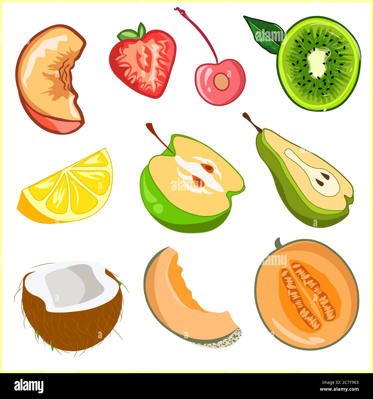 Elementi confezione di fette di frutta e tagliato a metà. Piccolo set vegetariano di cibo estivo naturale. Illustrazione Vettoriale