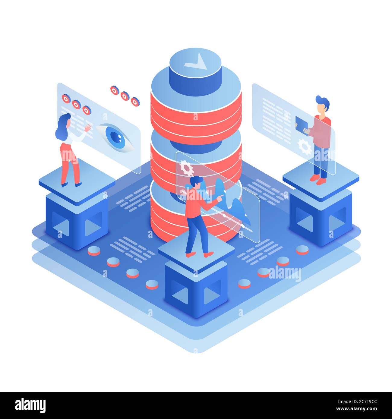 Illustrazione vettoriale isometrica del lavoro di squadra. Collaborazione con il team di marketing. Manutenzione tecnica e ottimizzazione tecnologica. Diagnostica del data center. Elemento di progettazione concettuale del cartone animato online Illustrazione Vettoriale