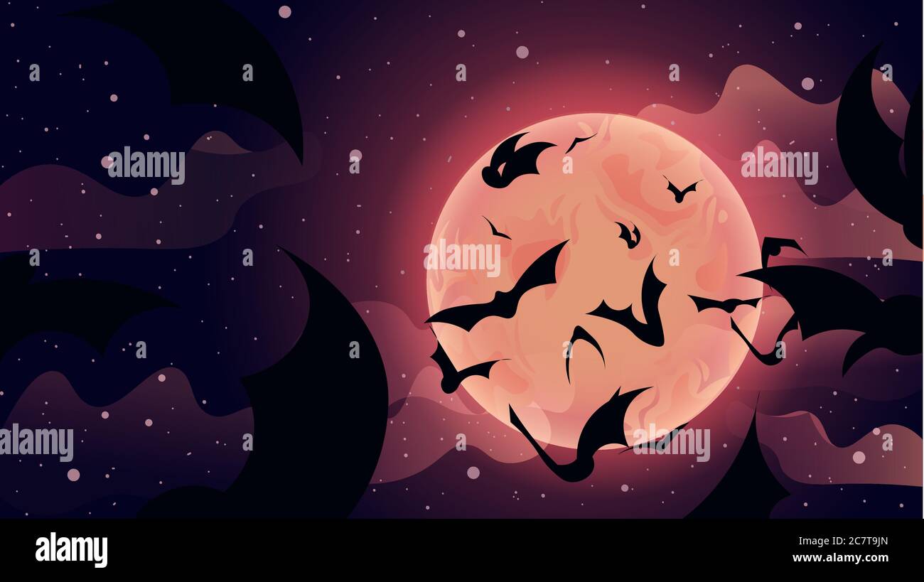 Immagine piatta dei pipistrelli che volano fino al cielo. Paesaggio della Transilvania con nuvole e luna piena. Illustrazione Vettoriale