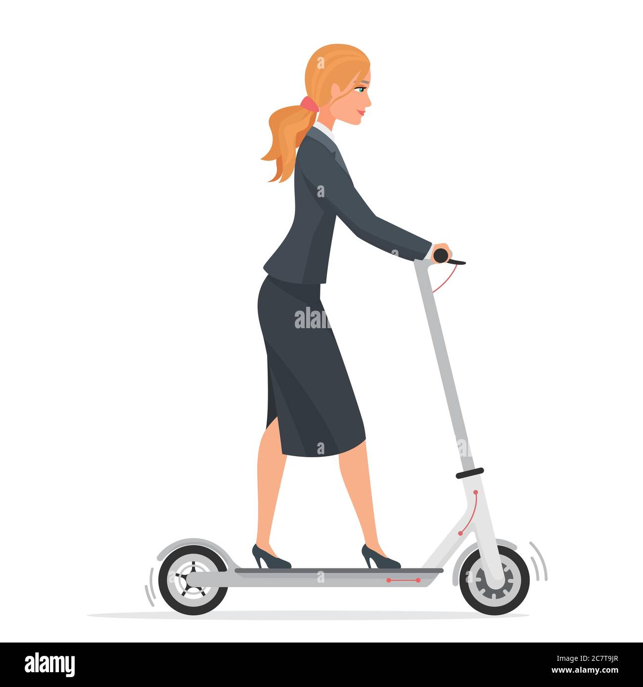 Donna di affari in tuta formale su scooter elettrico piatto illustrazione vettoriale. Ufficio femmina cartone animato carattere equitazione eco friendly veicolo città. Bionda ragazza utilizzando urbano personale trasportatore isolato Illustrazione Vettoriale