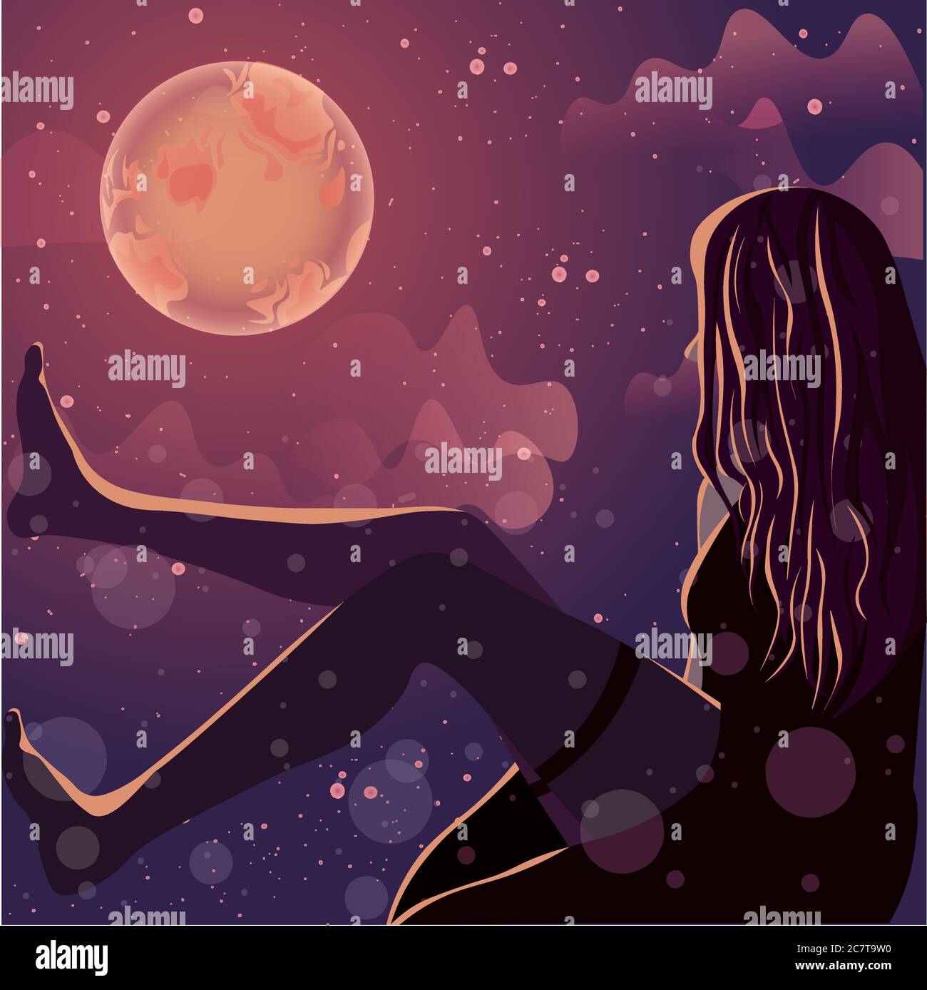 Silhouette femminile che si illumina sotto il faro. Paesaggio fantasy del cielo stellato notte. Illustrazione Vettoriale