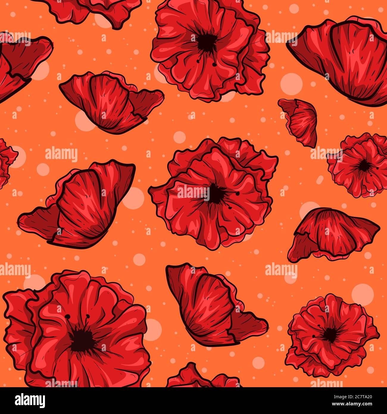 Illustrazione stratificata di fiori di papavero. Motivo senza cuciture con piante rosse in fiore, concetto di stagione primaverile. Illustrazione Vettoriale