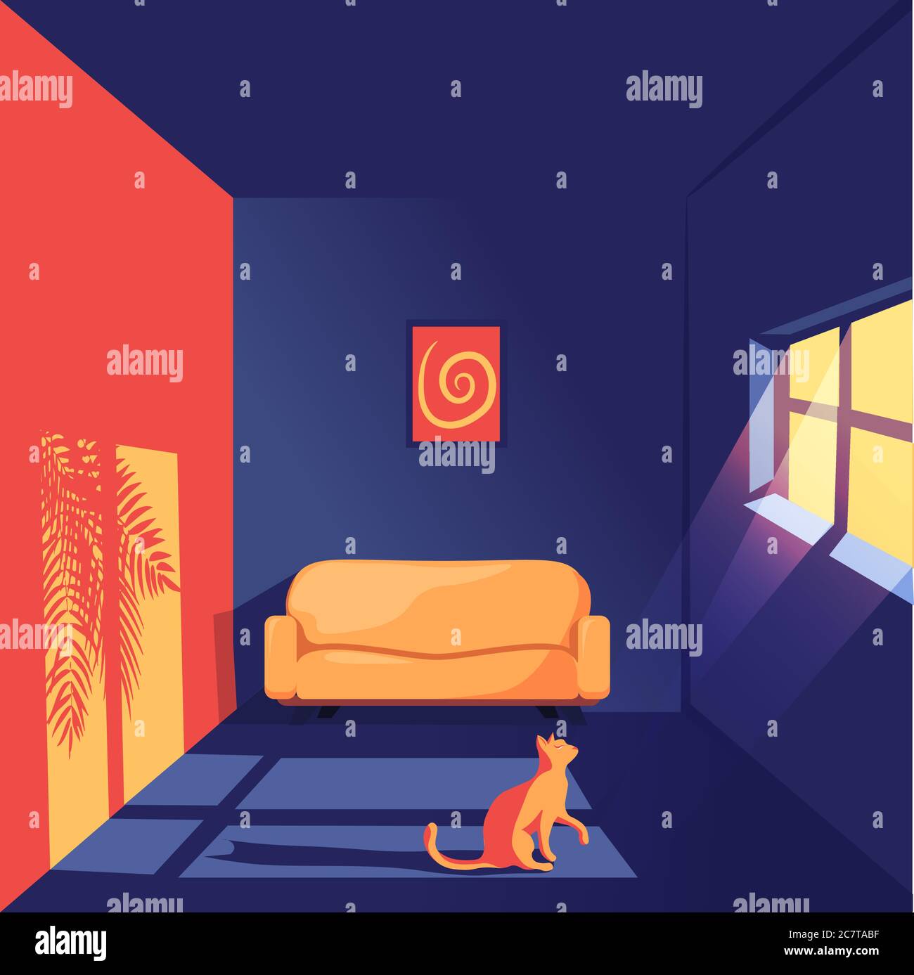 Illustrazione 3D di un gatto in una stanza che si apre alla finestra. Illustrazione piatta all'interno di un appartamento Illustrazione Vettoriale