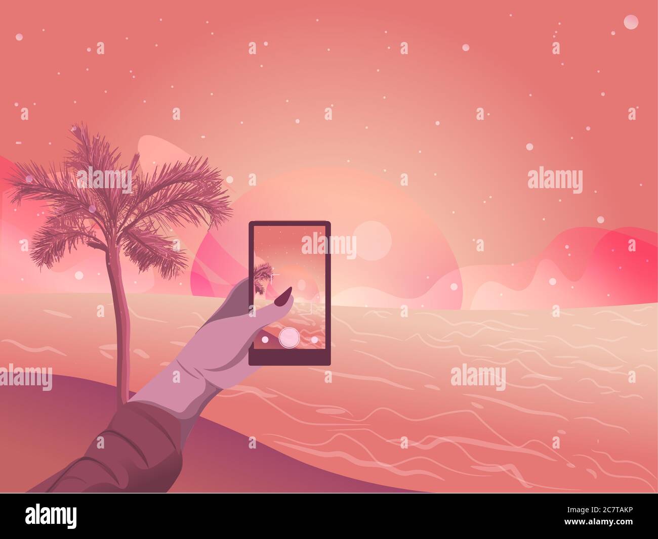 Immagine piatta di una mano di donna che scattano una foto del tramonto sulla spiaggia. Cielo estivo e stelle paesaggio Illustrazione Vettoriale