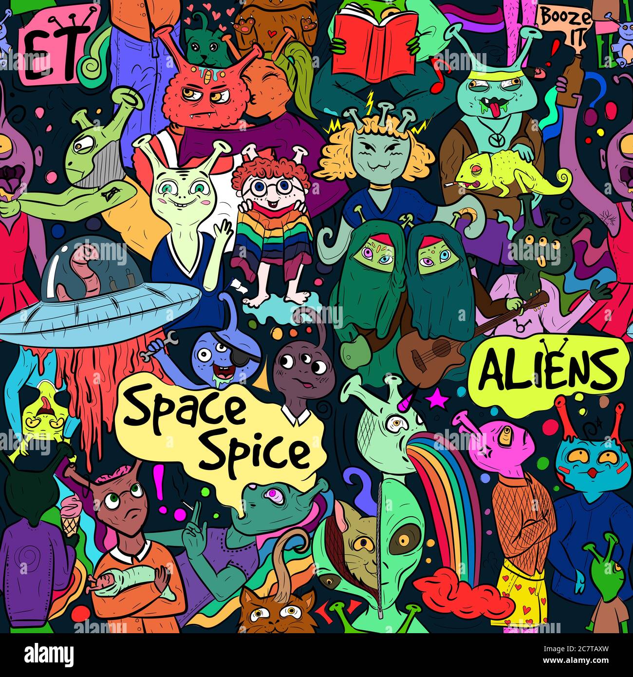 Aliena diversità - concettuale colorato Street art. Arcobaleno personaggi cartoni animati - mostri e germi. Ripetizione senza giunture Illustrazione Vettoriale