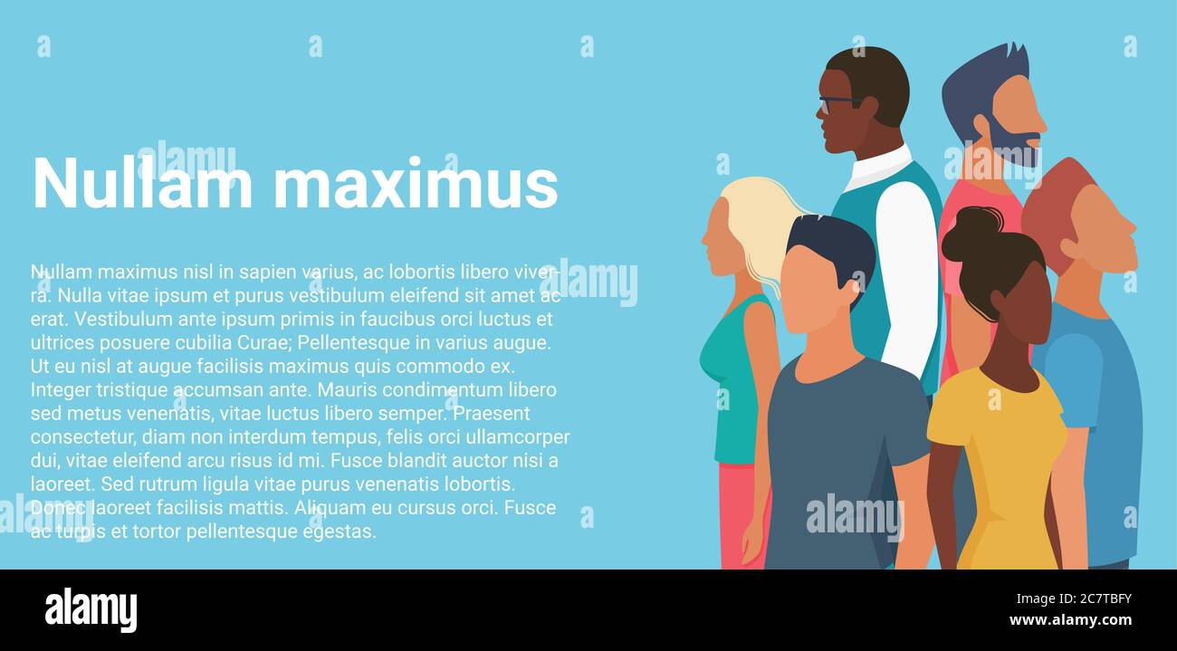 Personaggi uomo donna, illustrazione vettoriale di gruppo diverso. Cartoon giovani senza volto di nazionalità diversa e razze in piedi in folla insieme, con le spalle l'uno all'altro creativo sfondo Illustrazione Vettoriale