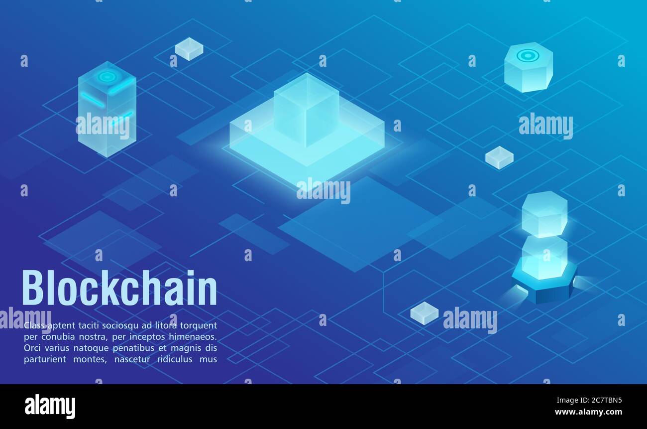 Struttura astratta della tecnologia Blockchain immagine vettoriale isometrica sfondo. Schema virtuale blu database protetto distribuito con blocchi come figure geometriche collegate utilizzando la crittografia come linee Illustrazione Vettoriale