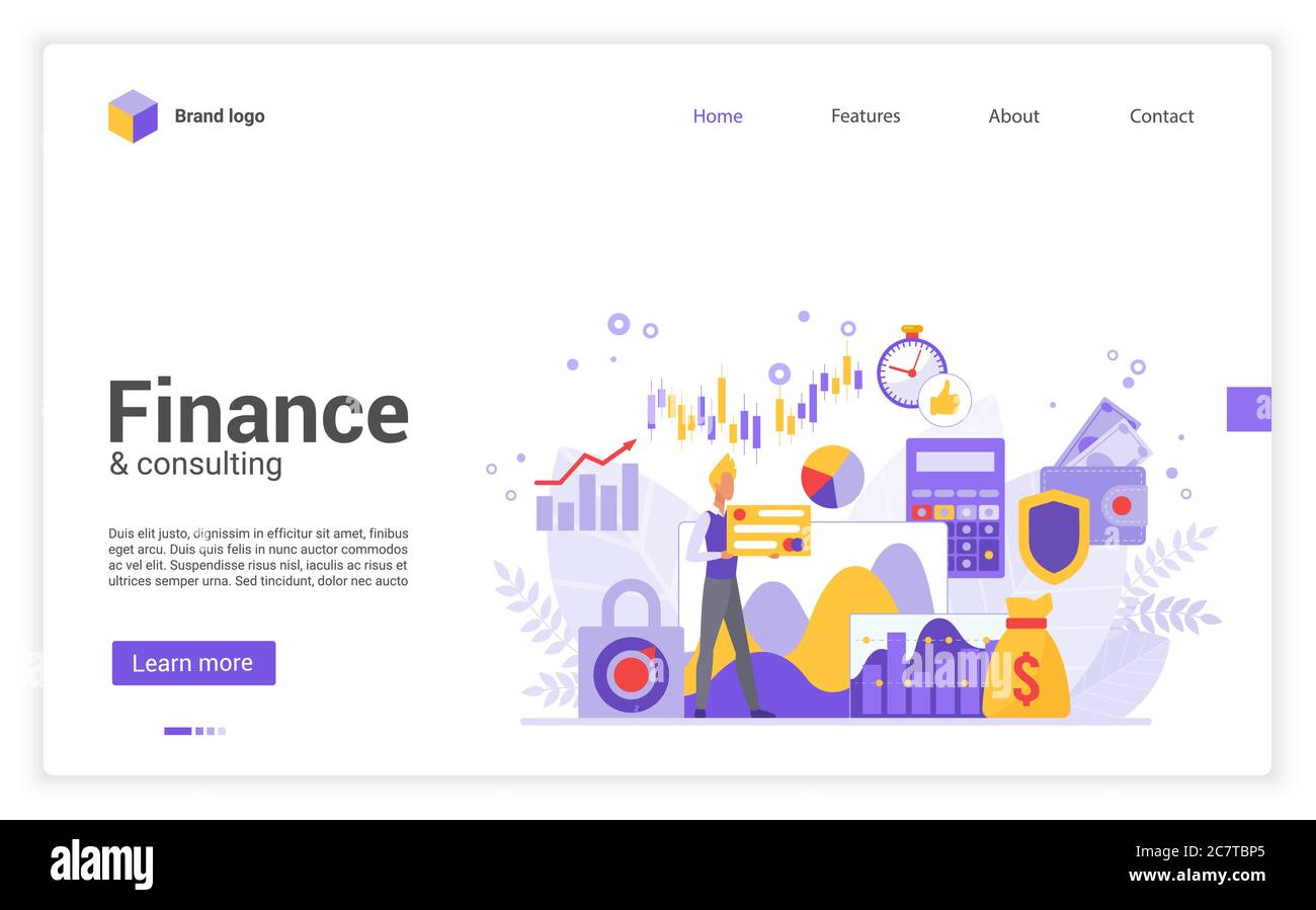 Modello di landing page per l'illustrazione vettoriale del disegno piano di Business Finance. Consulenza specialistica su varie questioni finanziarie, previsioni economiche, pianificazione della direzione strategica, ricerca di mercato e investimenti Illustrazione Vettoriale