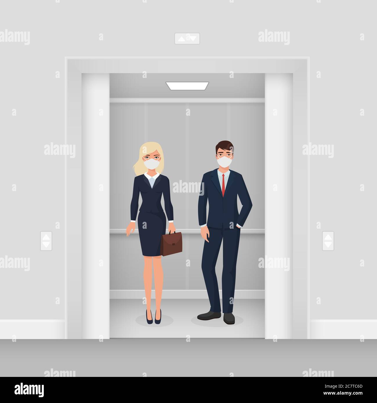 Uomini d'affari in maschere in ascensore carattere piano cartoon vettore illustrazione concetto. Uomo e donna in abbigliamento formale con maschere in ascensore illuminato con porta aperta. Mantenere il concetto di distanza Illustrazione Vettoriale