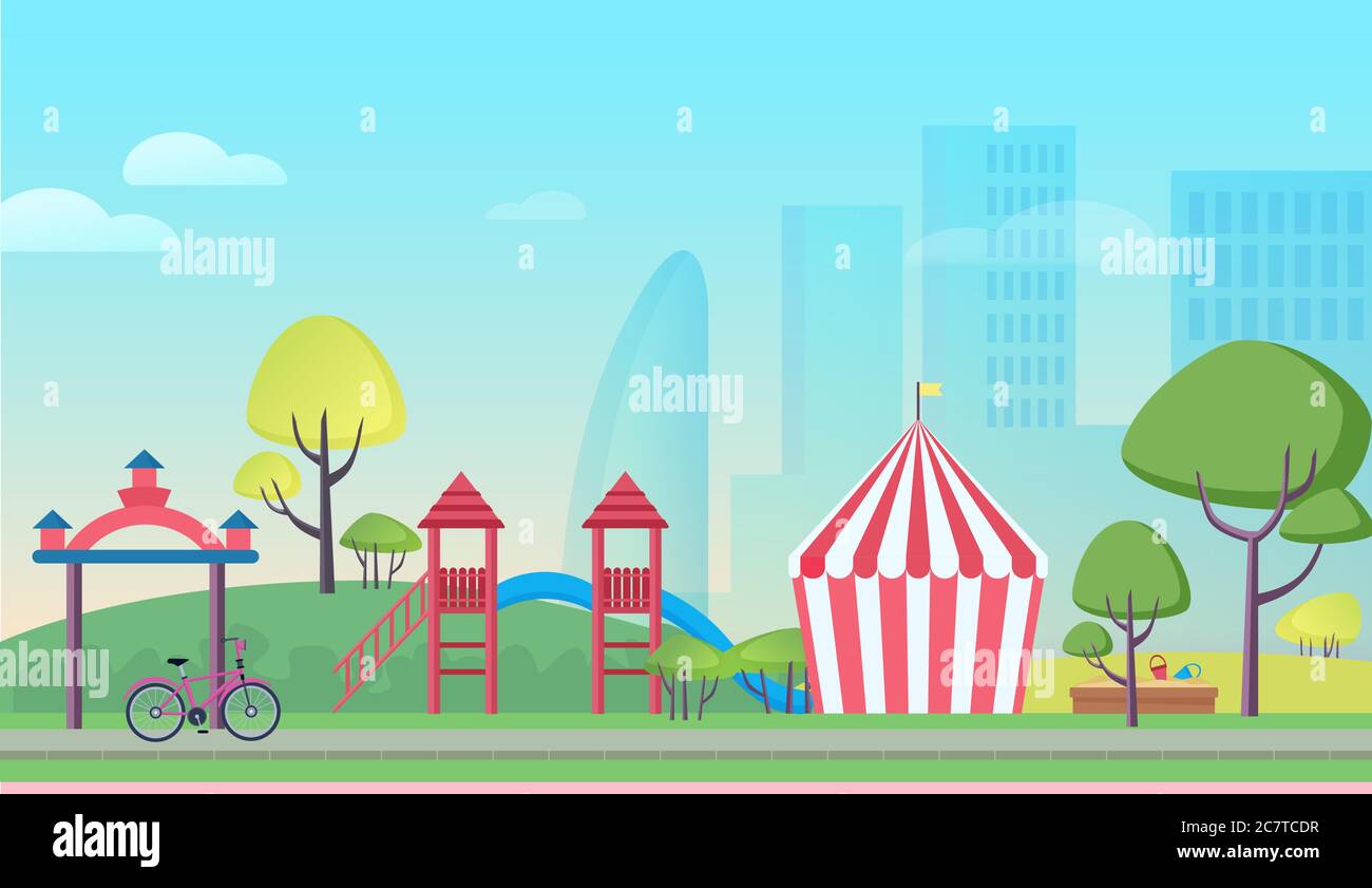 Parco giochi per bambini in grande città cartoon piano paesaggio sfondo illustrazione vettoriale. Attrazioni colorate, tenda a strisce, alberi, scivoli giocosi, sandbox con piccoli cestini, grattacieli in nebbia Illustrazione Vettoriale