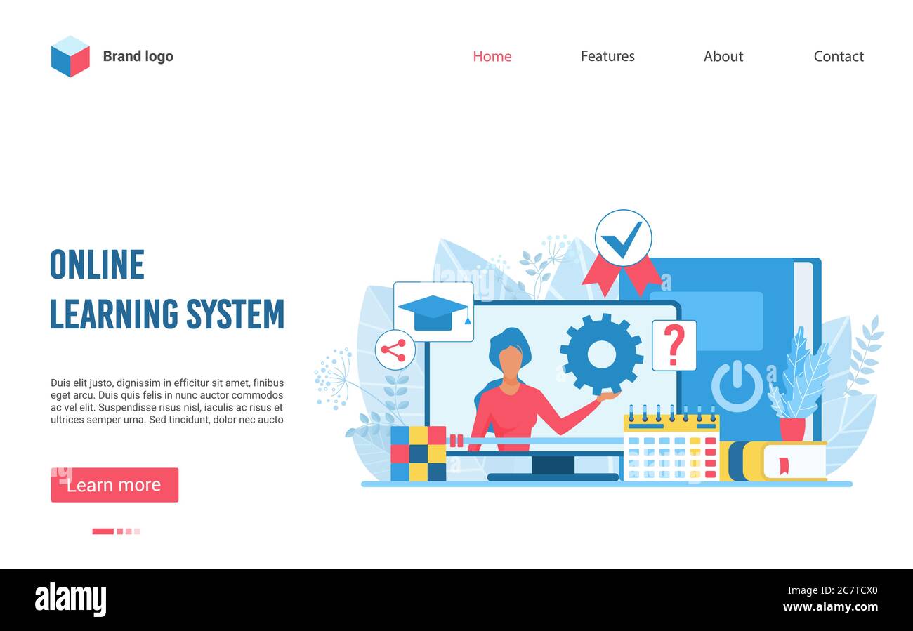 Sistema educativo online disegno vettoriale piatto layout pagina di destinazione, pagina web. Opportunità di apprendimento a distanza e e-learning. Contenuti complessi, attività, risorse come e-library, libri di riferimento Illustrazione Vettoriale